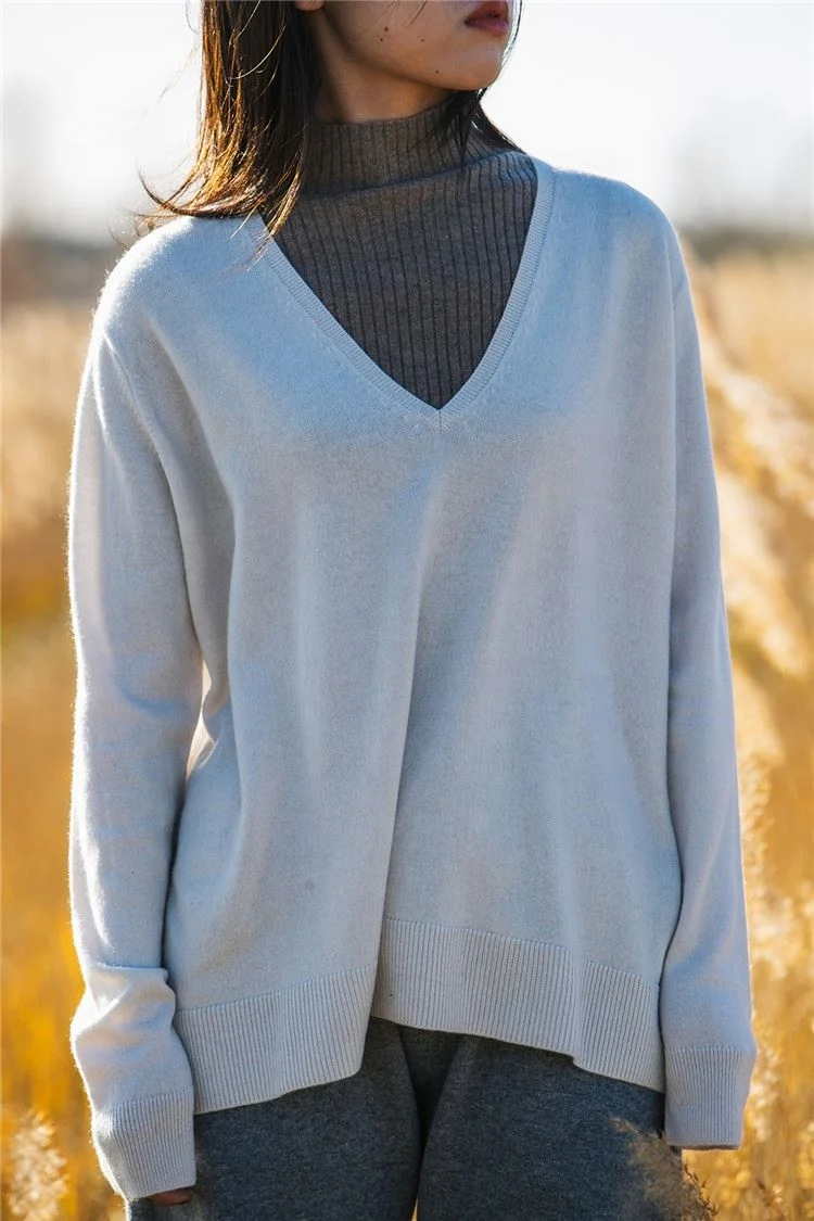 
New Design OEM 100%Cashmere loose Casual side splits V Neck Cashmere Pullover For Women For Wholesales 