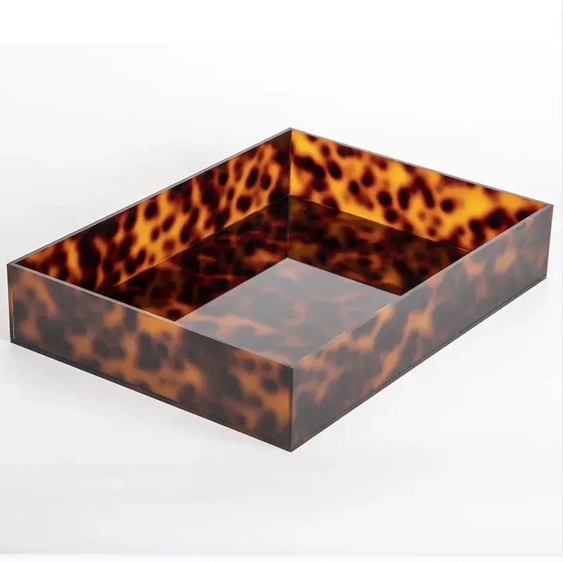Custom anti-slip tortoiseshell acrylic flat tray, tortoiseshell acrylic cosmetics tray with custom  logo