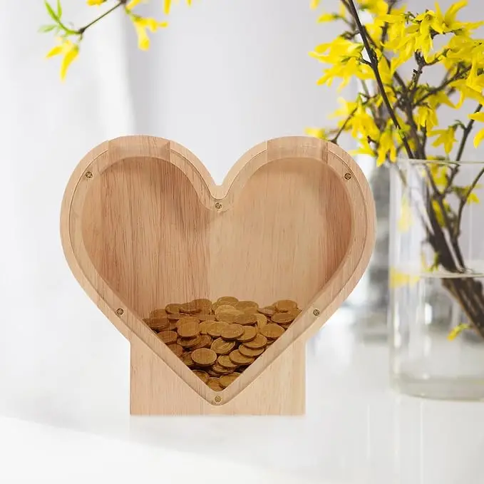 Wholesale Custom Creative Transparent wooden piggy bank heart-shaped cash box on the desk, living room For Kids