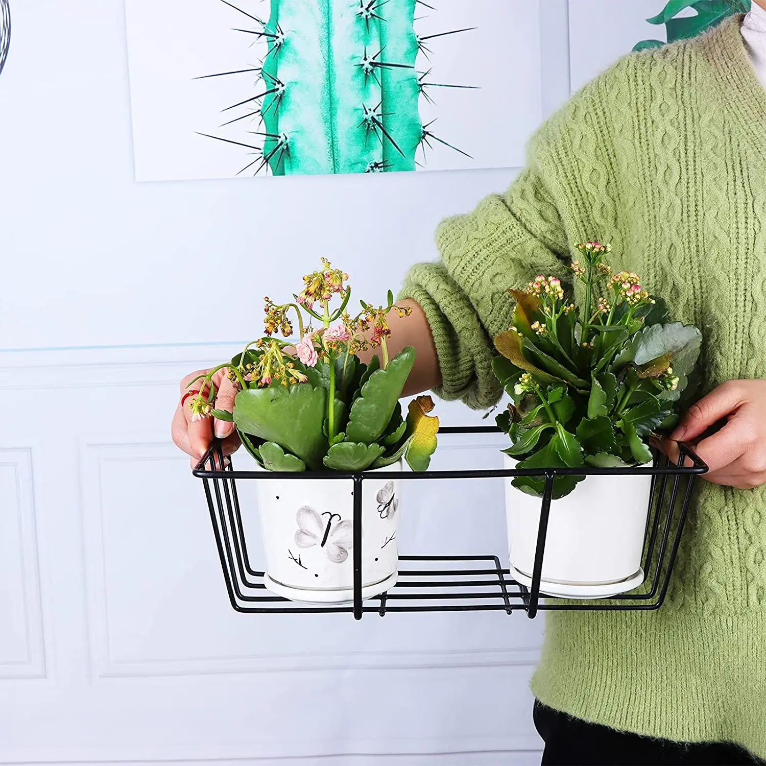 Balcony Hanging Flower Rack Railing Metal Planter Pots Stand for Indoor Deck Box Outdoor Hanger Stand