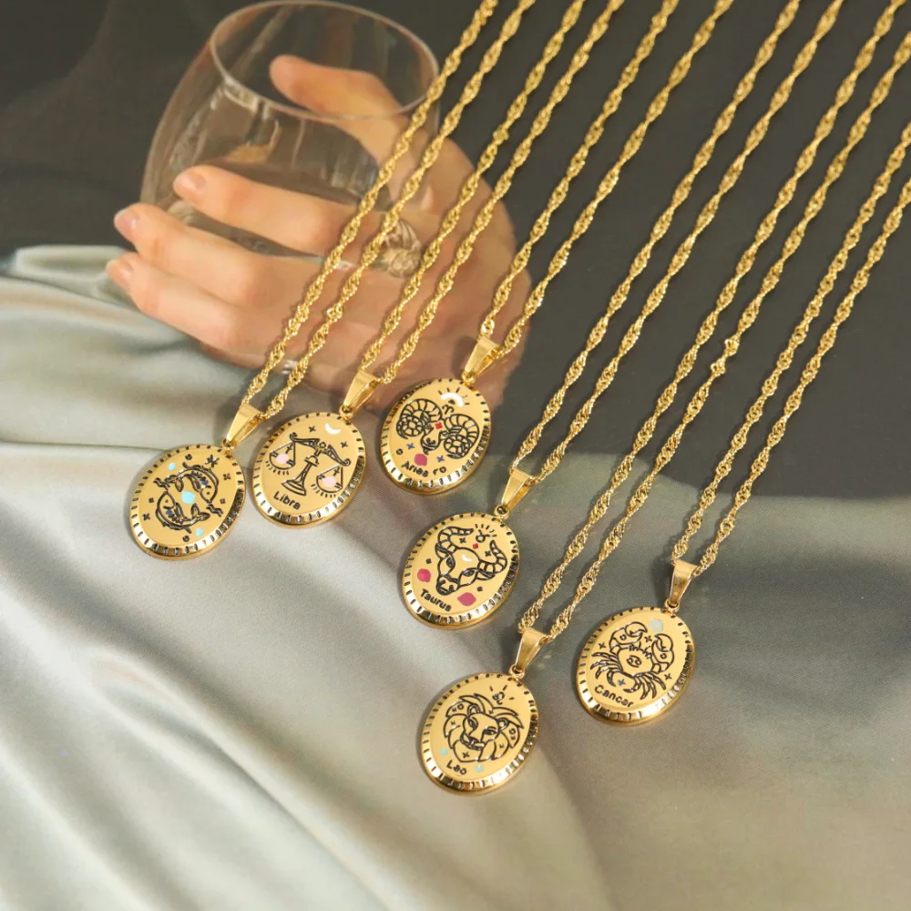 Vintage Gold Plated Vermeil Zodiac Necklace Jewelry Stainless Steel Star Sign Pendant Zodiac Medallion Astrology Necklace