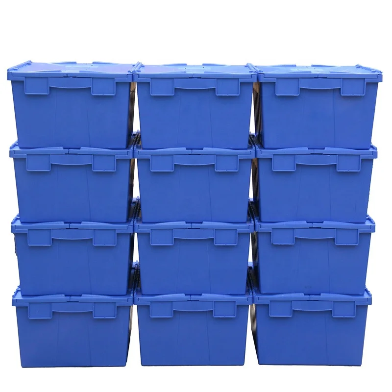 Big loading 72L plastic stack and nest moving secure box with attached lid