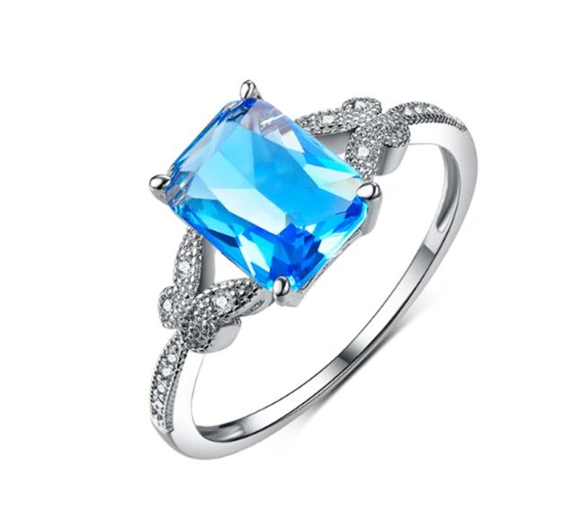 Custom New  Cushion Cut Butterfly Pure White Gold Plated Blue Crystal Cubic Zircon Copper Ring For Wedding