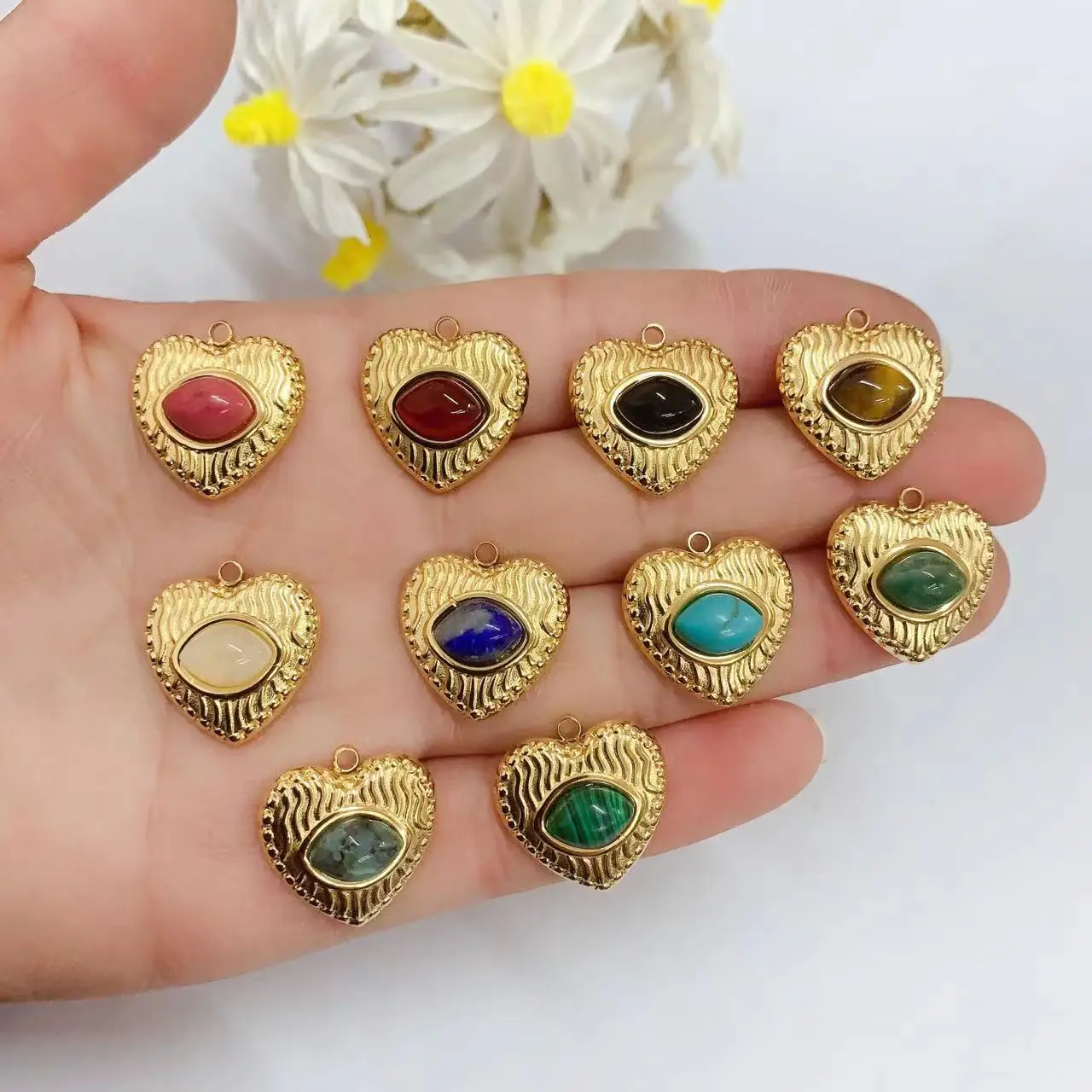 ethnic style gold brass round oval shape jade stone pendants heart shape gemstone charms for necklace