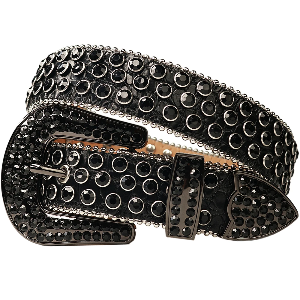 Fashion designer black genuine leather rhinestone western belt for men bling bling crystal studded diamond belt for jeans