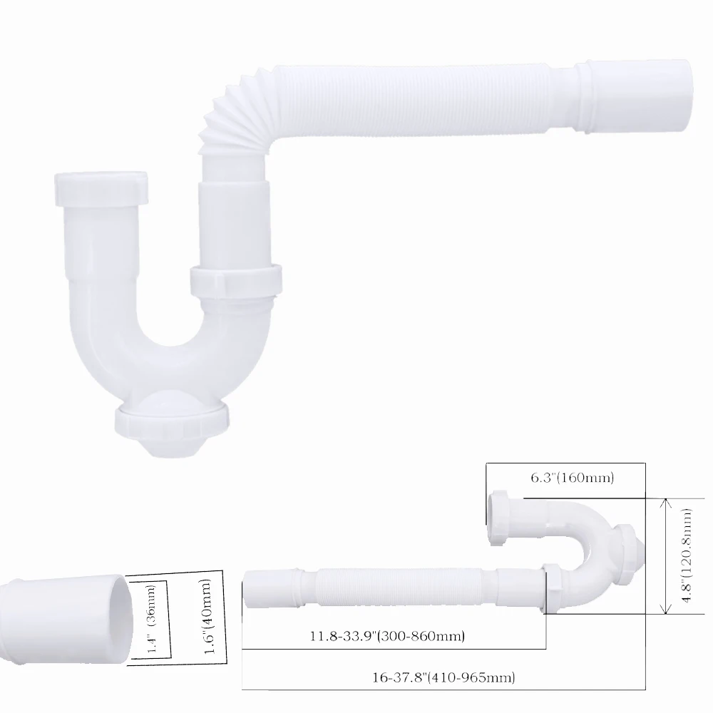 1-1/4 In P-Trap Flexible basin Drain Pipe Tube,Plastic Bottle Trap siphon sewer drains for Kitchen and Bathroom