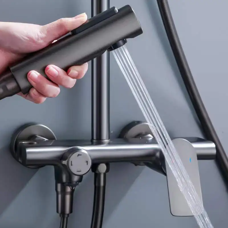 Hotel Bathroom Luxury Gun Gray Copper Four Function Rain Shower Set Brass Bath Shower Mixer Set With Spray Gun