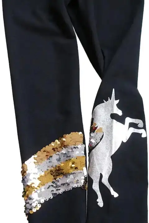 Детские облегающие брюки, черные леггинсы с блестками и радужным принтом единорога и фольги для девочек