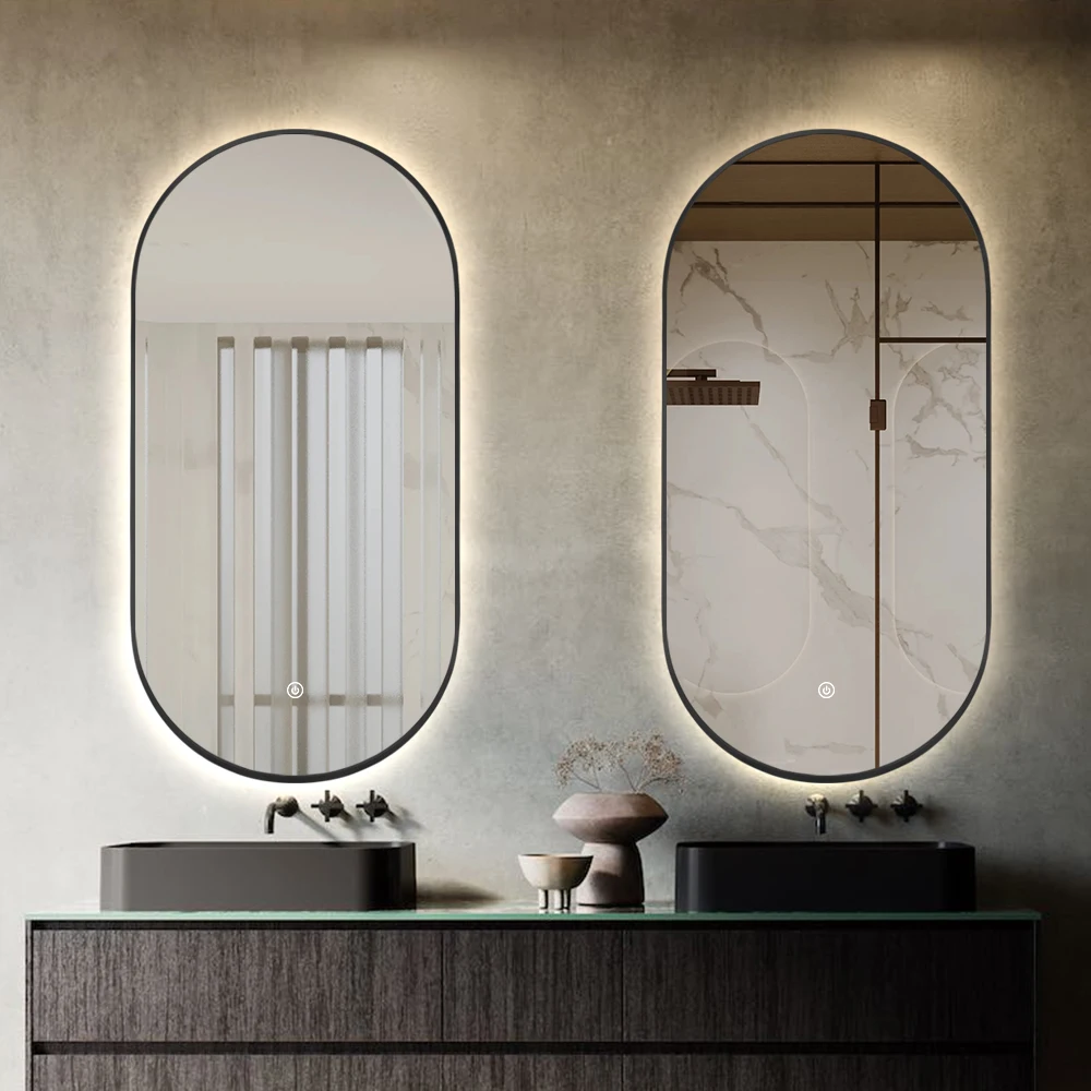 Factory Oval Gold Aluminum Frame Hair Salon Mirror Illuminated Touch Screen Led Bath Smart Mirrors For Bathroom