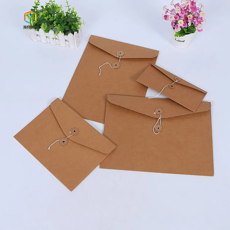 
Recycled custom printing packaging black white brown kraft paper envelope with button and string 