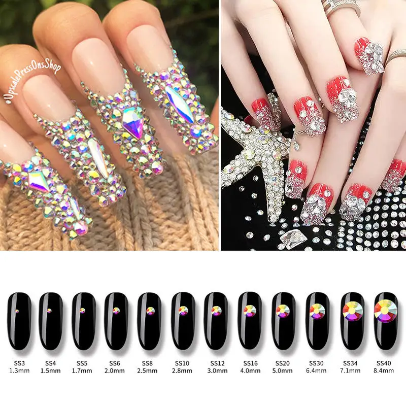 Factory Wholesale 1440PCS Glass Stone Nail Rhinestone Flat Back Cold Fixation Non Hot Fix AB Crystal Rhinestone for Women Bikini