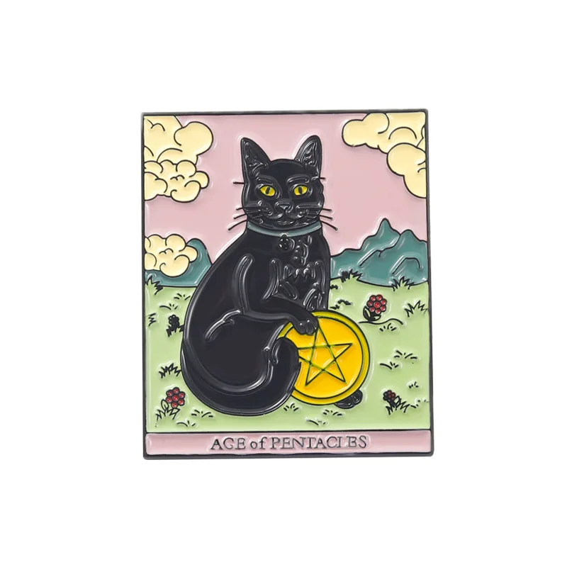 Creative THALO Card Golden Metal Badge Enamel  Bad Luck Black Cat Double Brooch Upside down White Horse Pins Set