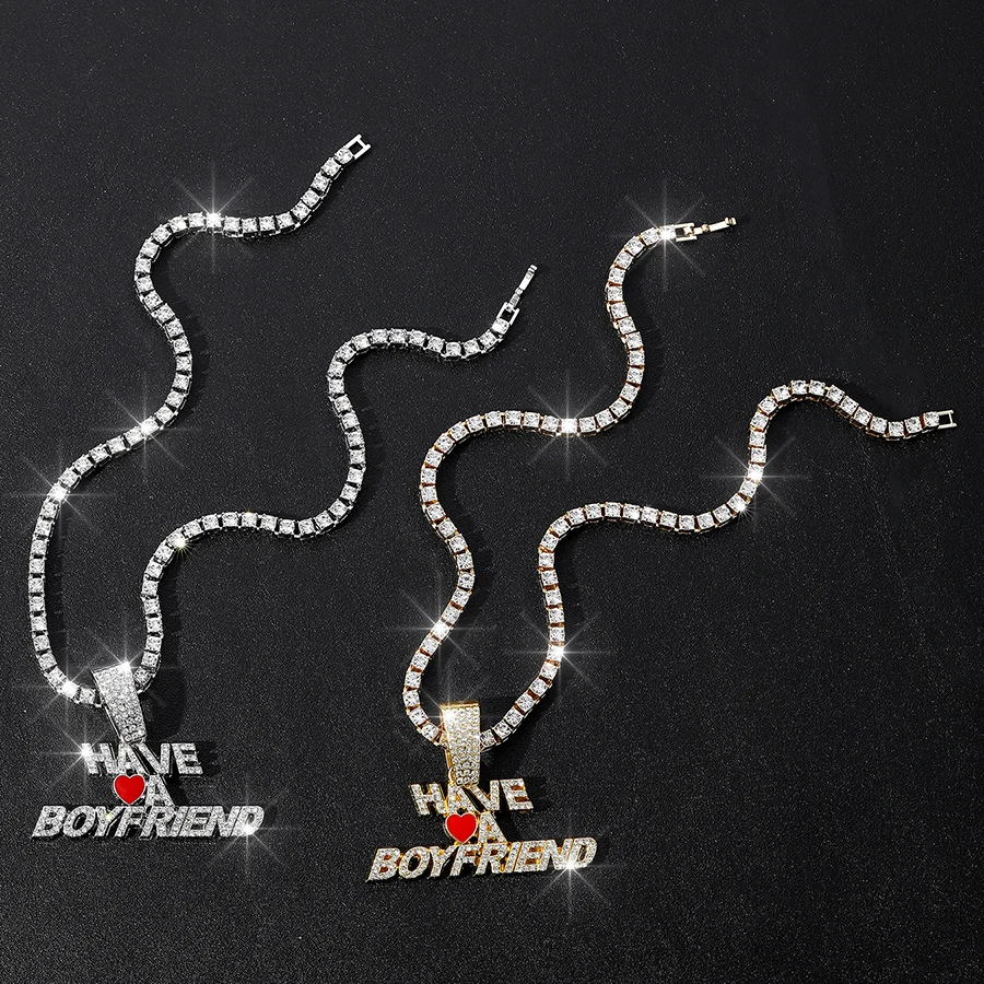 Silver gold color alloy tennis chain with hip hop full bling CZ rhinestone heart letter pendant chokers necklace