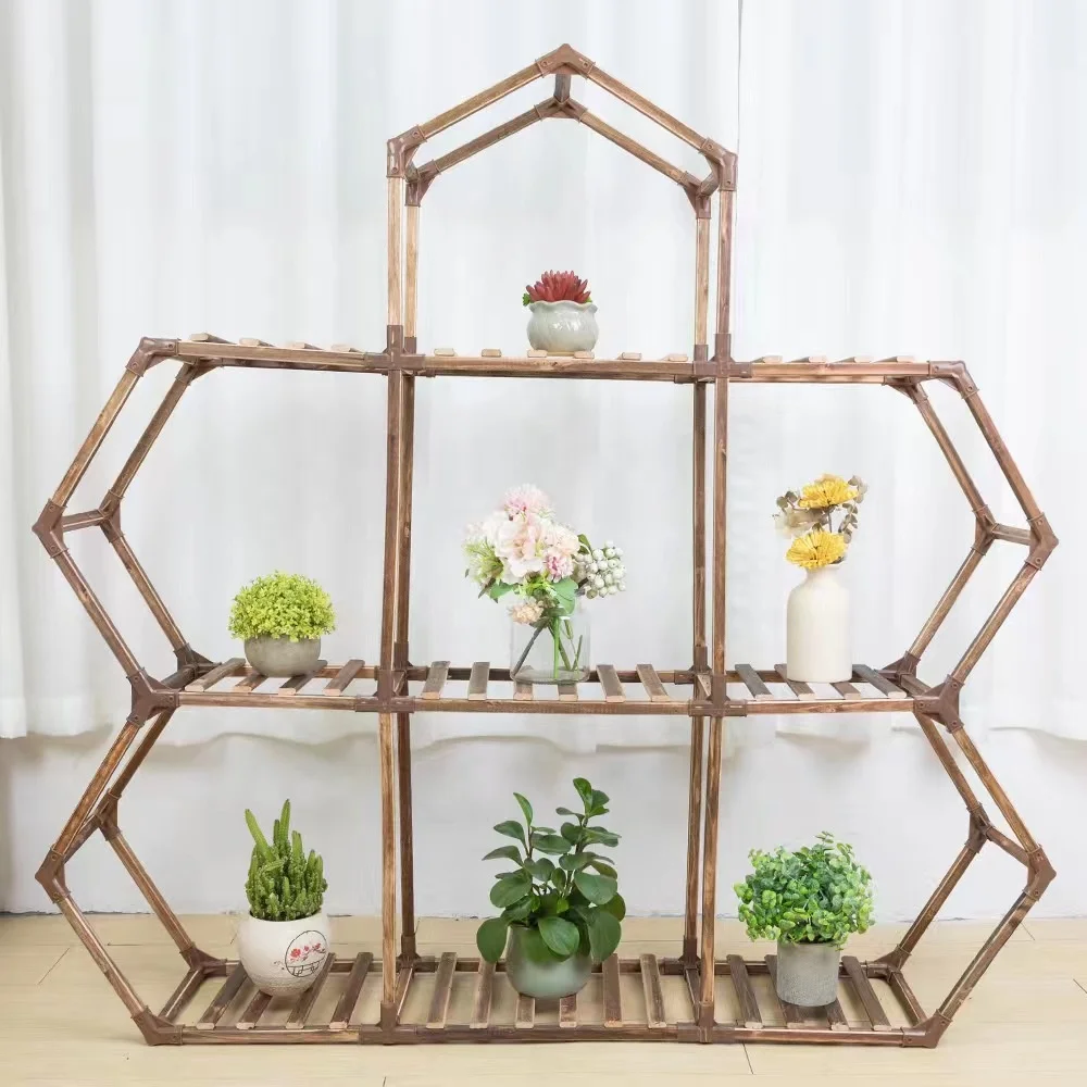 Spaceship storage shelf Wooden flower shelf living room balcony floor plant shelf