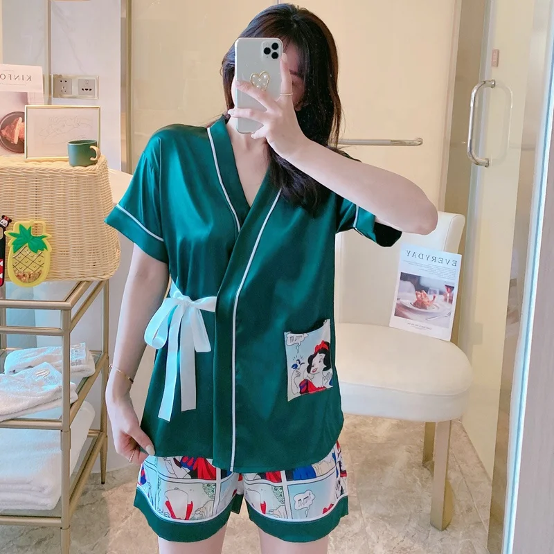 
Spring summer new short sleeved trousers women printed home wear suit lapel simple natural imitation silk pajamas 