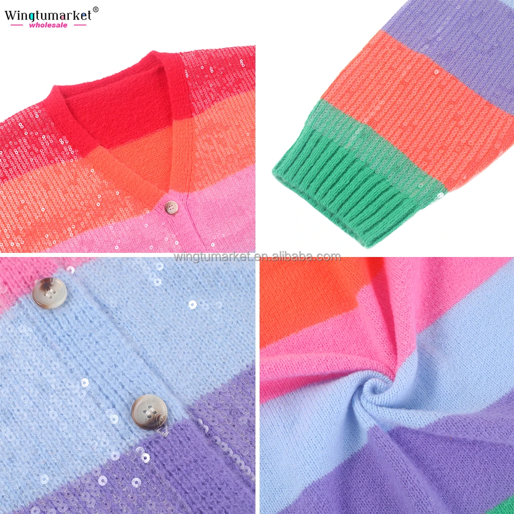 Holiday striped sequins knit sweater button sparkle rainbow custom sequin oversized knitted cardigan sweaters for women