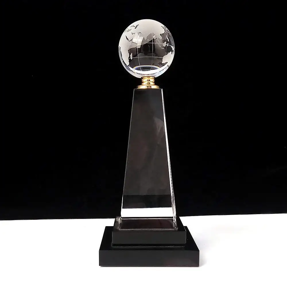 Excellent K9 Glass Optical Crystal Globe Ball Trophy for Business Leadership Trophy Awards With Black Base