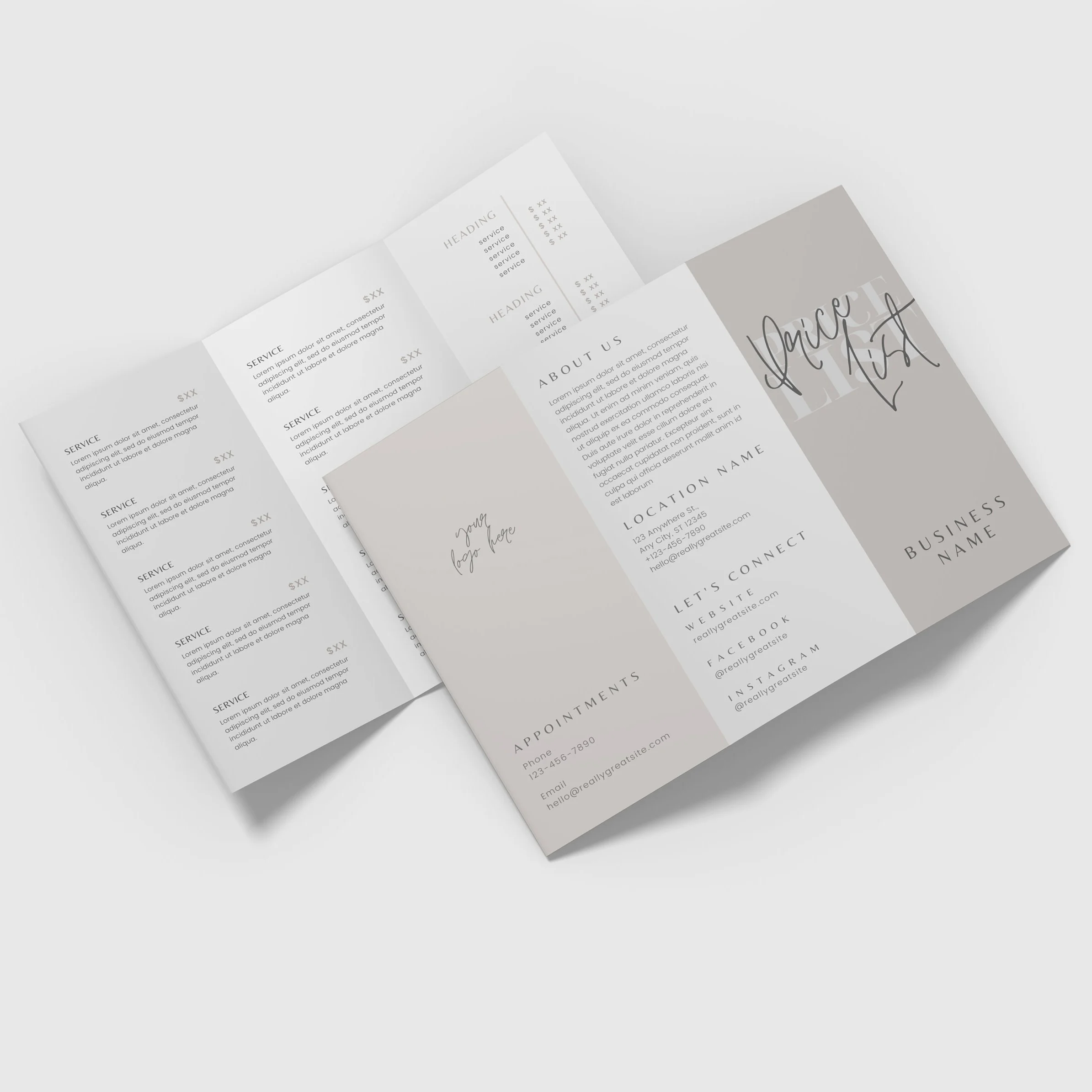 DIY Tri-Fold Printable Price List Template Editable Trifold Sheet Brochure Pricing Folded Salon Menu Spa -Emory