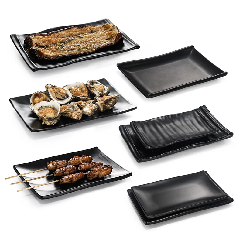 Wholesale Solid Black Plastic Tableware Plate Set Square Restaurant Dinnerware Barbecue Steak Plates Melamine Dinner Dishes Bowl