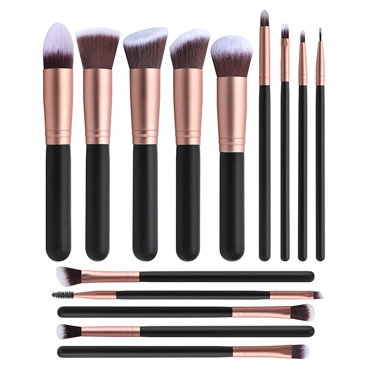 New hot sell wood handle 14pcs Rose Glod Cosmetic Makeup Brush Face Make Up Blending Brush OEM Synthetic Makeup Brushes Set