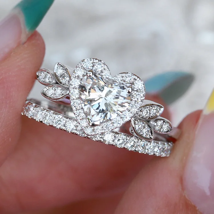 Romantic heart diamond 925 real silver women engagement white gold non tarnish wedding ring set
