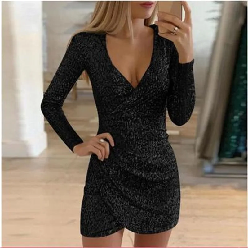 Sexy Silver Glitter Dresses for Women   Deep V-Neck Sequin Mini Bodycon Dress Autumn Winter Long Sleeve Party Dress T R1200
