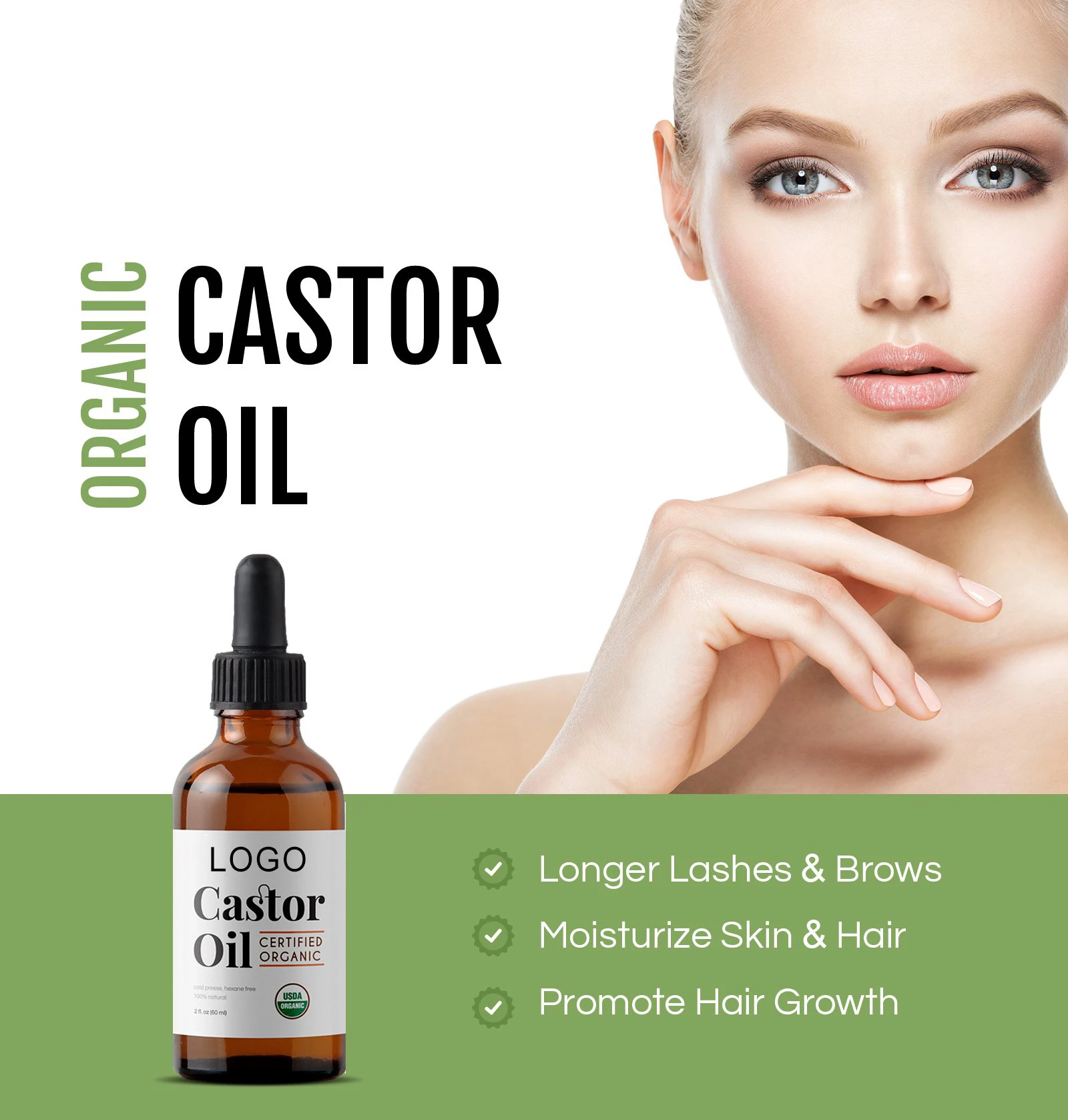 Custom logo 2oz 100% Pure Cold Pressed Organic Castor Oil Stimulate Growth for Eyelashes Eyebrows and Hair
