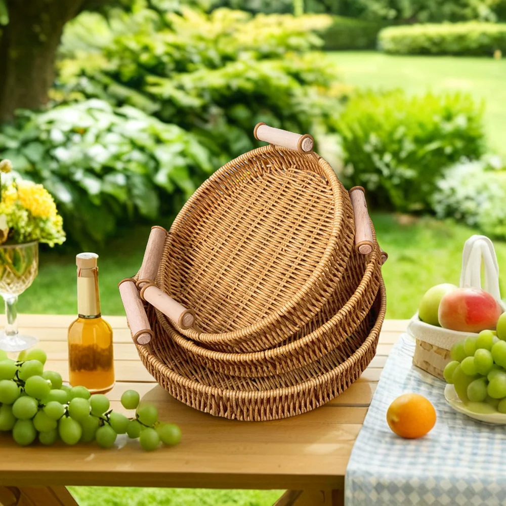 Handmade Round Woven PP Rattan Basket Wicker Picnic Basket Fruit Snacks Storage Tray with Handle