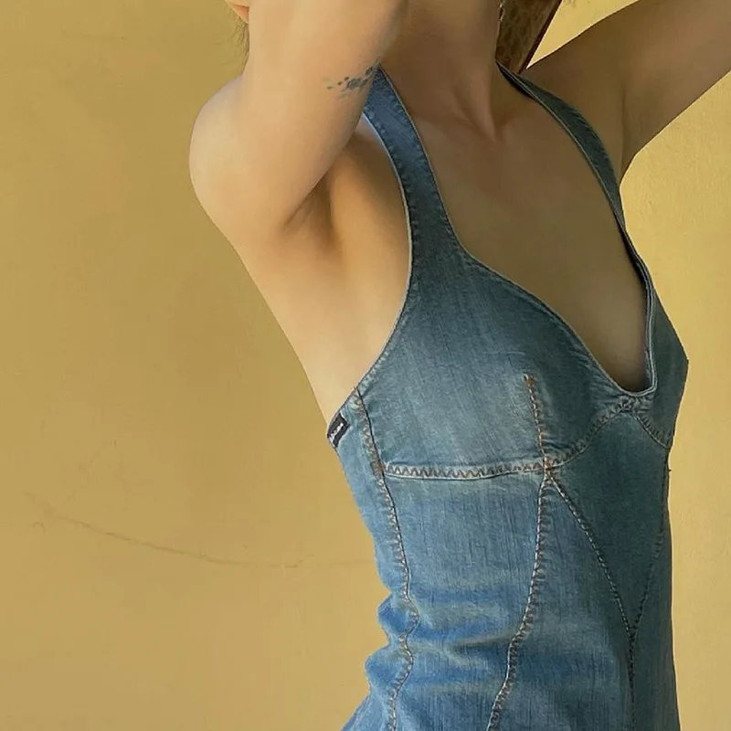 Wholesale Female Clothing Sexy Denim Dress Short Slim Hip Jeans Casual Cowboy Halter Neck Dresses For Women