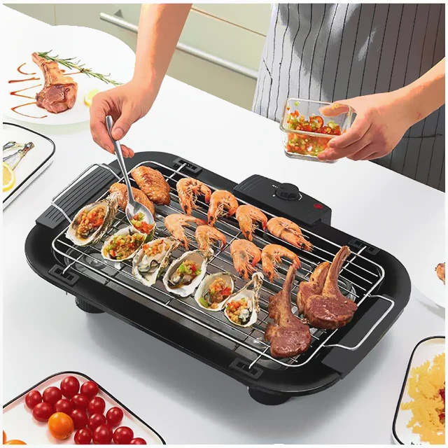 Smokeless Indoor Desktop Electric Grill with Griddle Features Thermostat Height Design