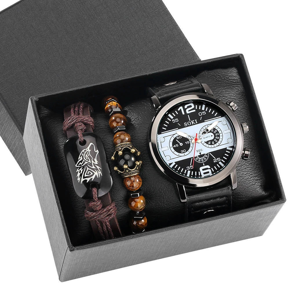 Wrist Watch with Bracelet set Men Quartz Watches for men Leather Strap Luxury Watch Bracelet Gift Set Reloj Hombre jewelry sets