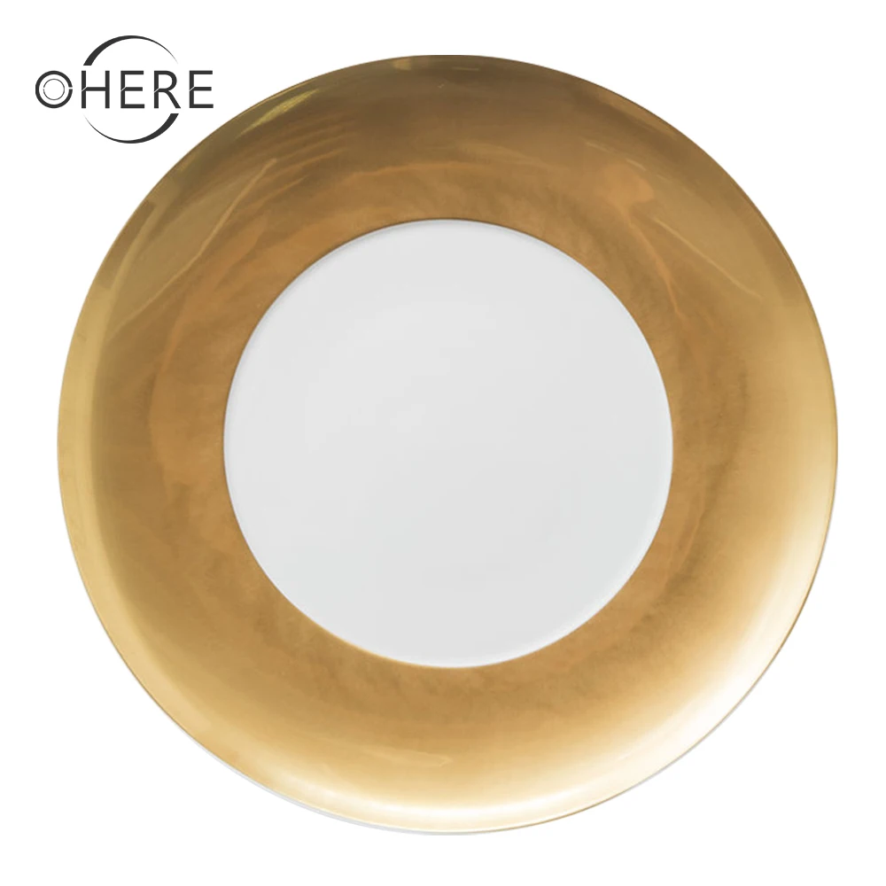 Luxury Minimalist Style Wide Gold Rim Bone china Charger Plate Dinner Set Ceramic  Wedding Tableware Set for Rental