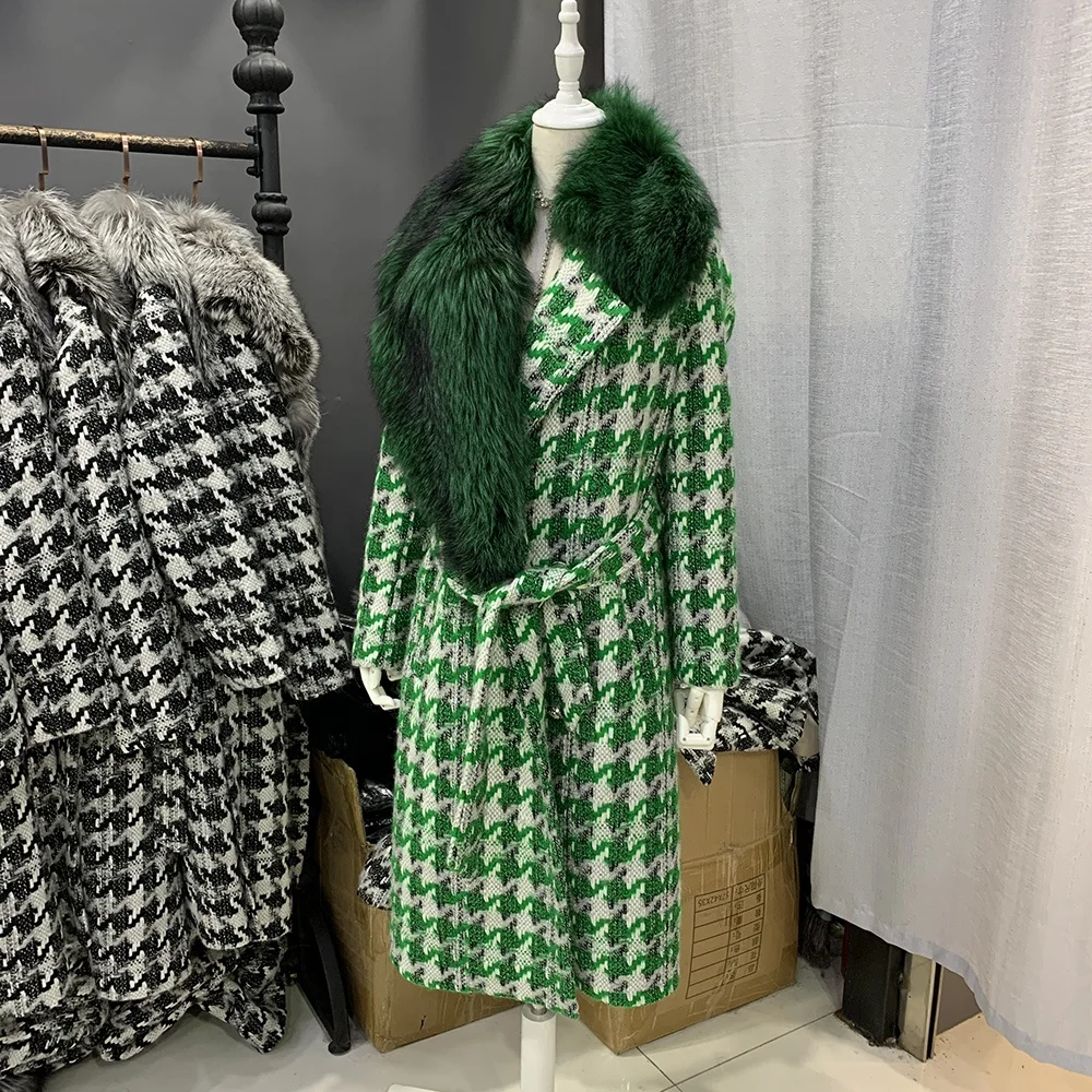 High Level Real Fluffy Fur Trench Coat Long Cashmere Wool Coat Women With Belt