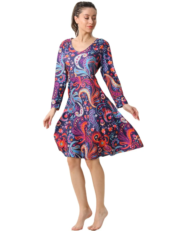 Four Seasons Wholesale Ultra Soft Fashion Women Full Long Sleeve Dress Hot Sale Vintage Paisley Flower Lady Dress with Pockets