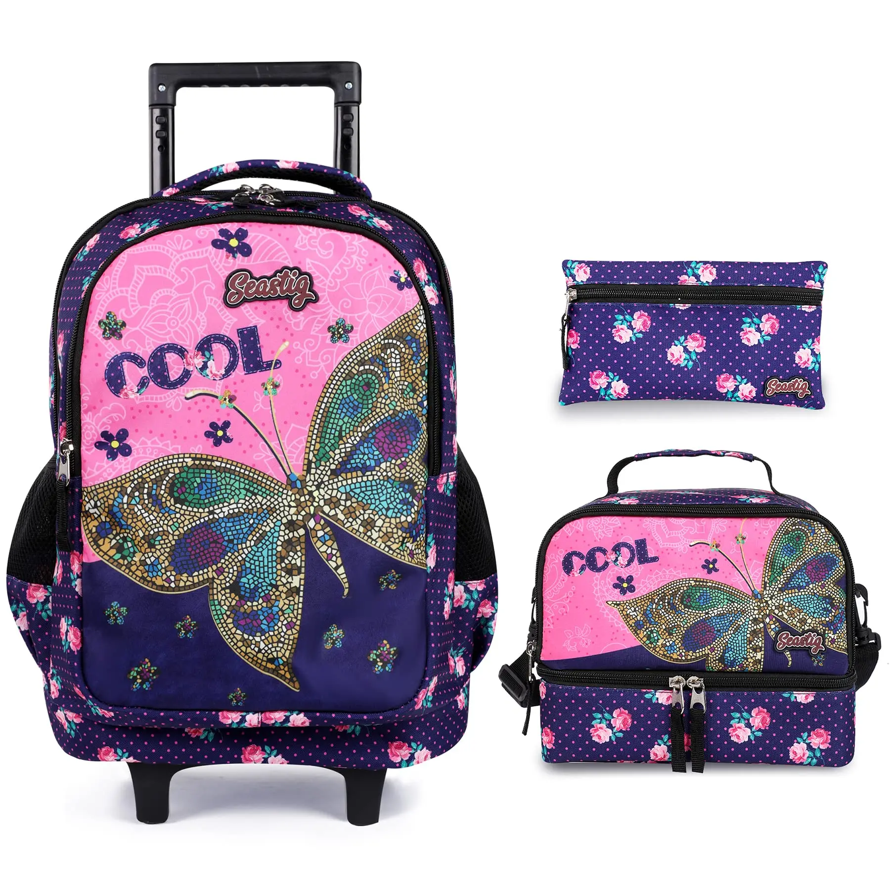 3D Butterfly trolley school backpack for boys and girls cute pull rod fashion large capacity schoolbag pulley three piece