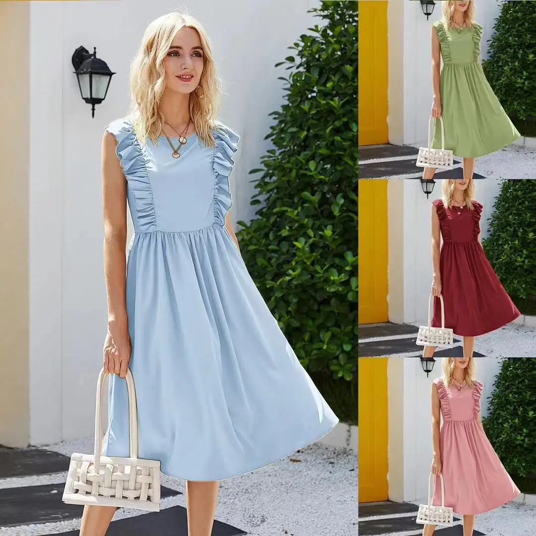 2022 Spring Casual Beautiful Women Vintage Ruffled Sleeveless Beach Cross-Border Dress For Lady