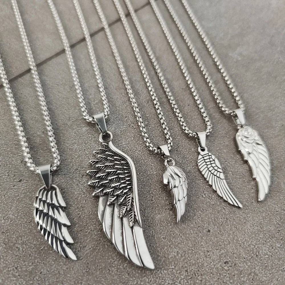 VAF SILVER Stainless Steel Feather Angel Wings Pendant Collection Necklace With 60cm Round Box Chain Aile Flugel Ala
