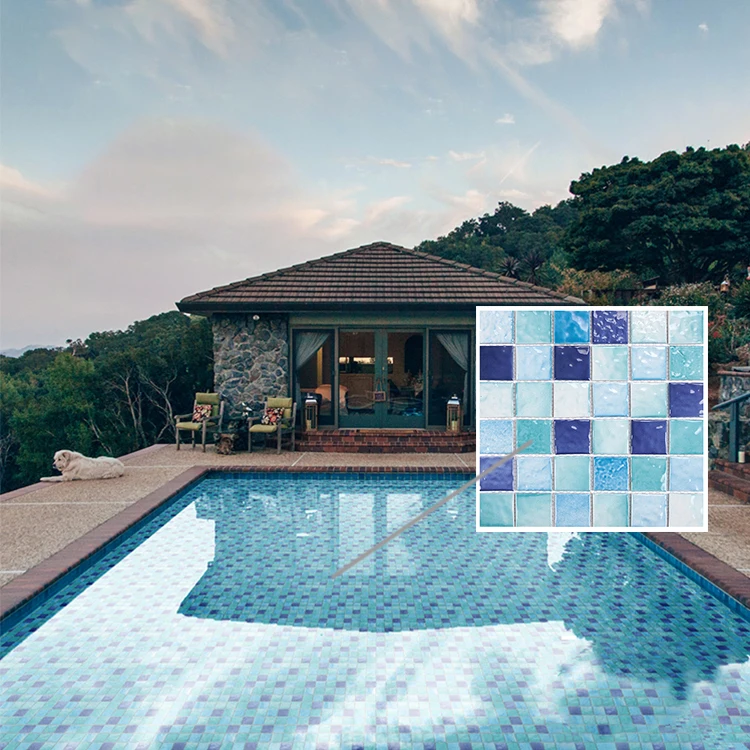 Wholesale porcelain Water ripple mosaic tile 300x300 glazed aqua blue ceramic mosaic swimming pool tiles