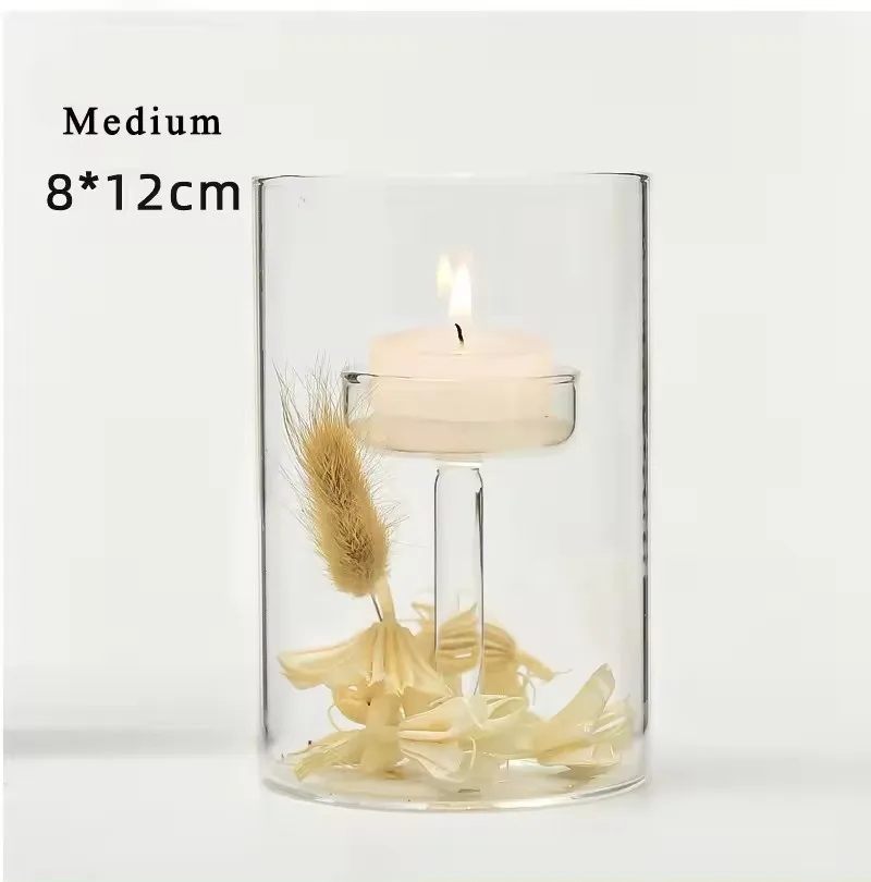 Transparent Cylindrical Glass Jar Candle Holder for Christmas Wedding Decorations Props and Ornaments Candle Pillar Stand