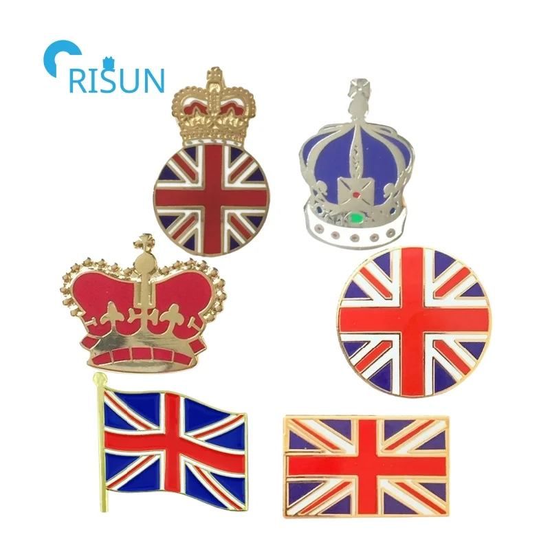 Factory Manufacturer Great Britain Waving Small Flag Lapel Pin Badge Custom UK Royal Crown Monarchy Loyalist Badge Enamel Pin
