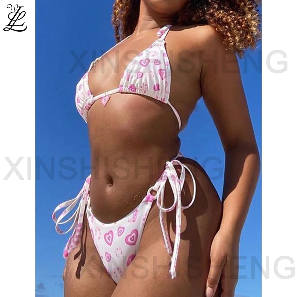 2024 Custom Logo Swimwear Beach Halter String Backless Split Body Swimsuit Micro Sexy Custom  Flower Printing Bikini For Women