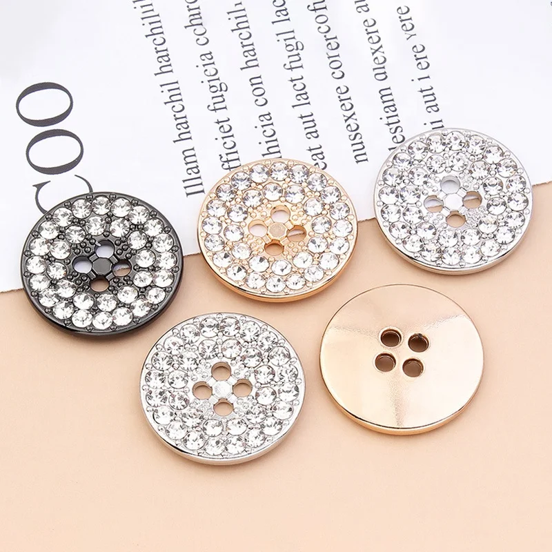 Round Shape Four Hole 4 Holes Gold Metal Engraved Sew On Buttons With Rhinestone Diamond Crystals Acrylic