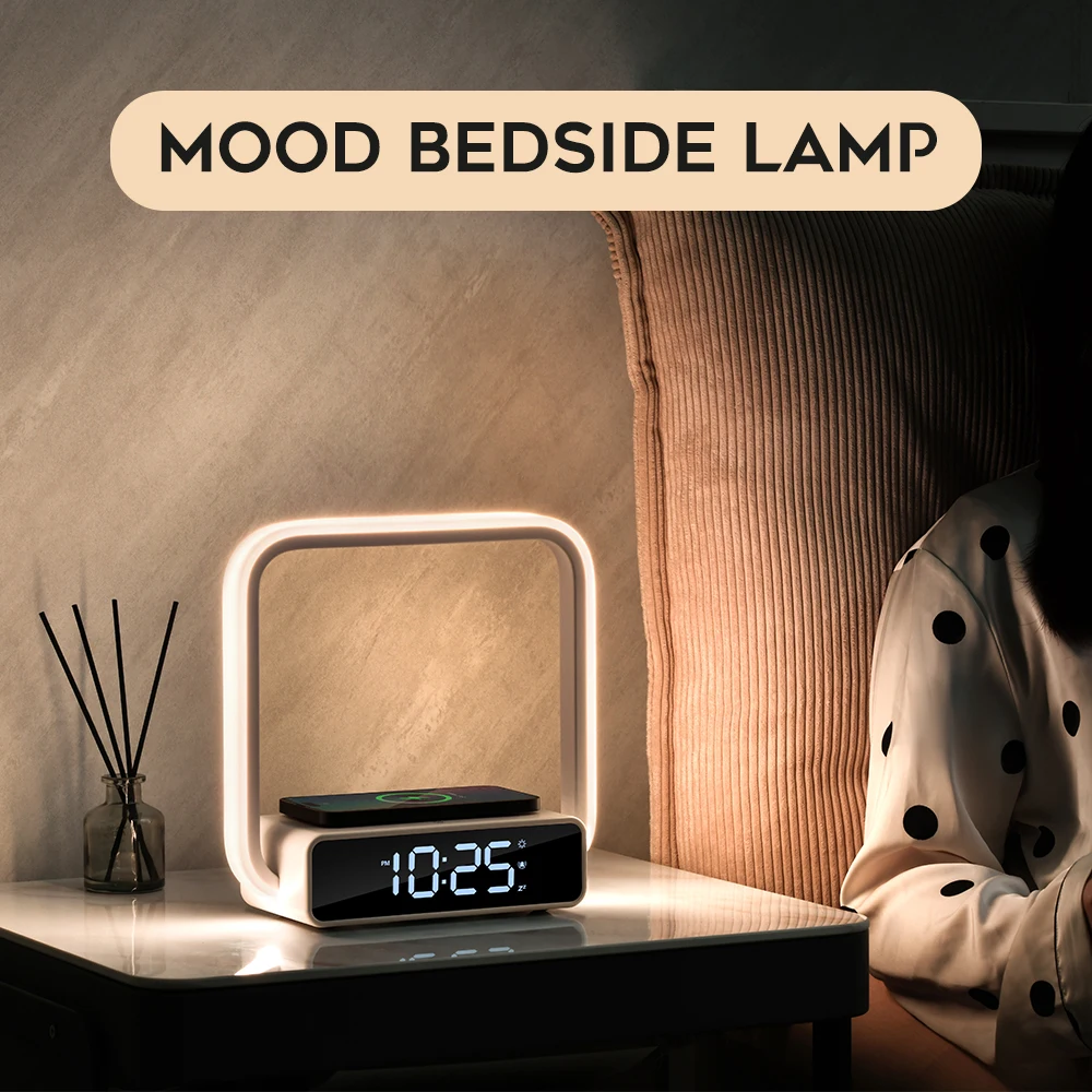 Touch sensor mood Light rgb atmosphere smart desk alarm clock wireless charger portable led night stand bedside table lamp