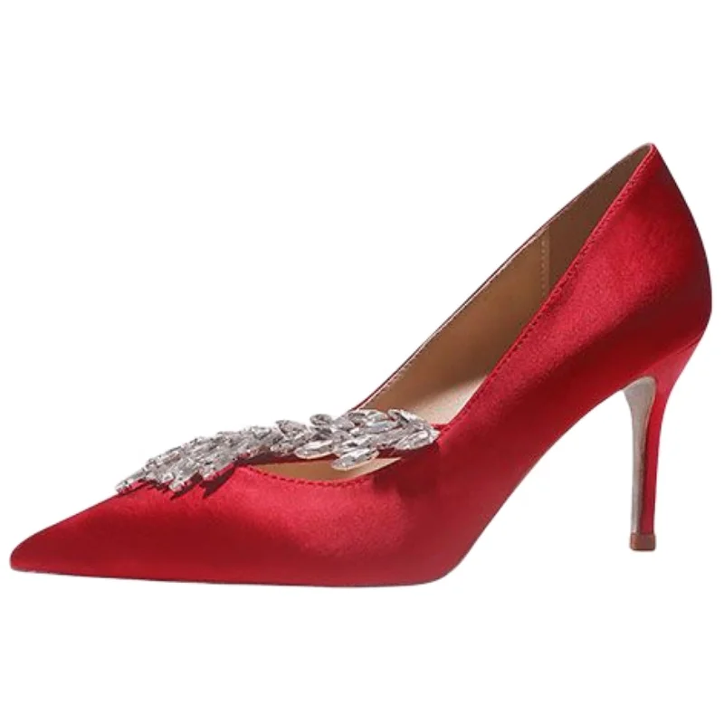 New Rhinestone Red Wheat Stilettos Pointy Party Bride Red Wedding Shoes For Women
