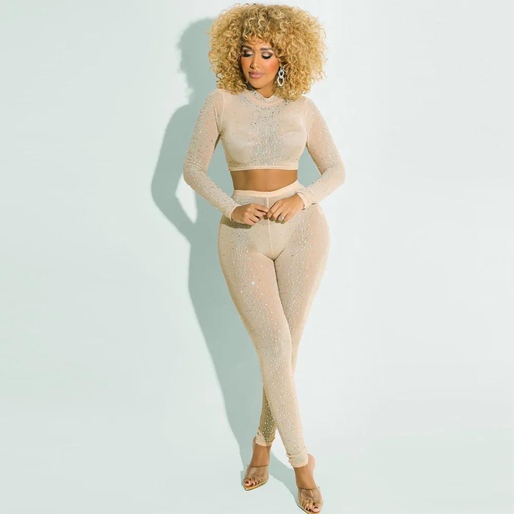 2022 R11126 - pants and crop top sexy rhinestones mesh see through transparent sheer long sleeve women outfits plus size