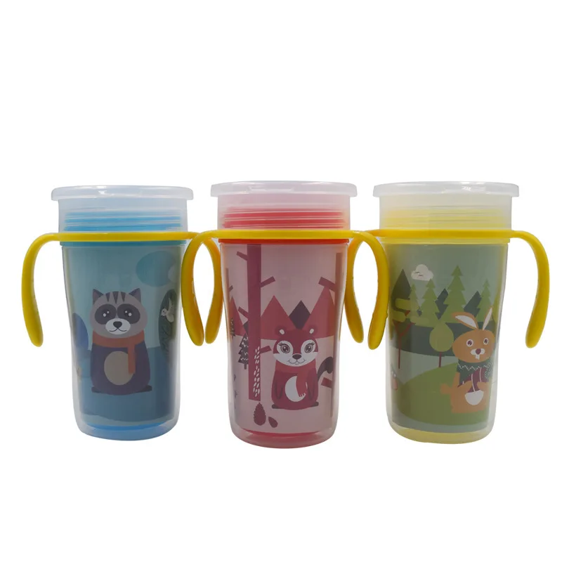 210ml/300ml Wholesale  baby drinking rotation anti spill plastic 360 degree  training cup feeding bottle