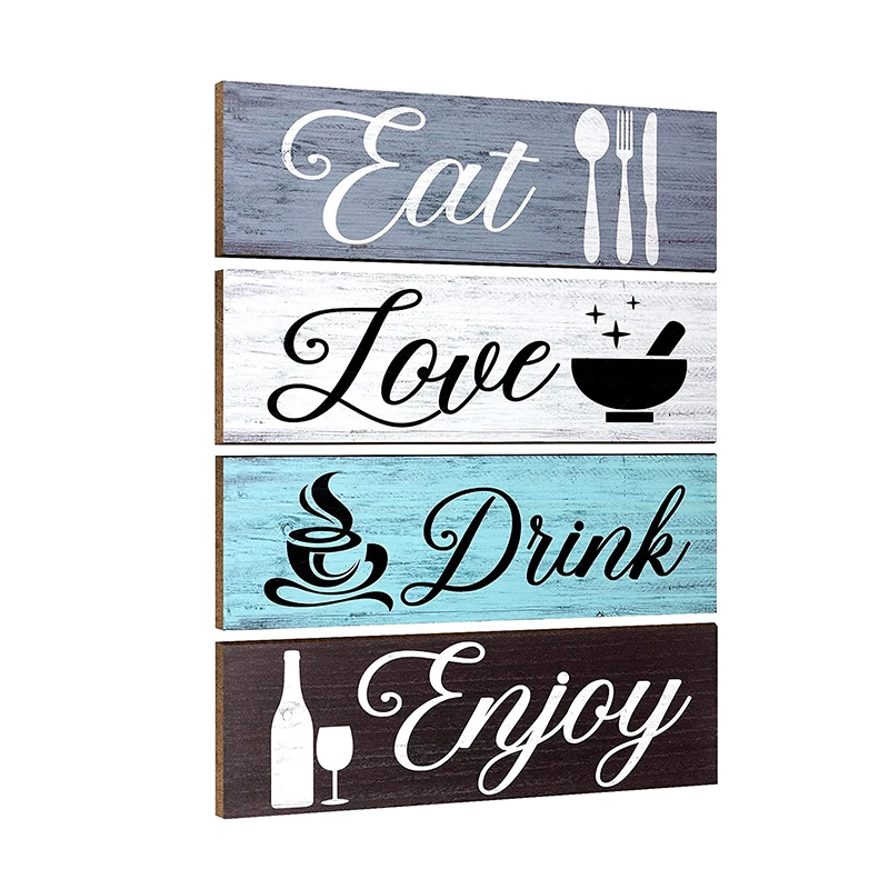 4 Pieces Vintage Rustic Wall Mount Wooden Sign For Home Dining Living Room Restaurant