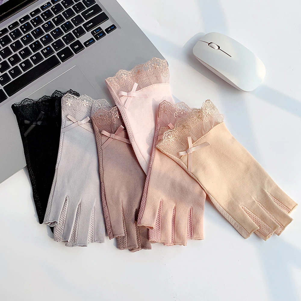 Sidiou Group Fashion Summer Women Thin Stitching Lace Gloves Breathable Non-Slip half Finger Cycling Elastic Anti UV Gloves