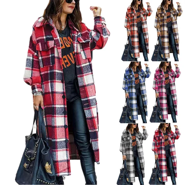 Wholesale Custom High Quality Winter Women Plaid Flannel Wool Oversized Long Shirt Jackets Coats