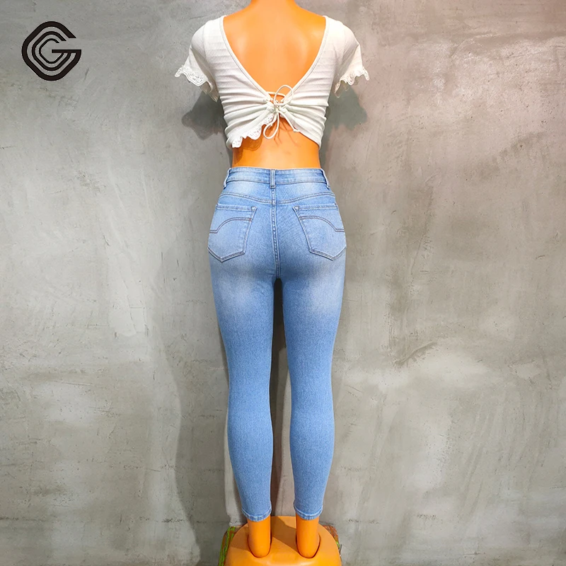 Оптовая продажа светло-голубые облегающие джинсы до щиколотки с высокой посадкой для